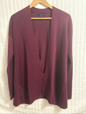 GAP Minimalist Wool Blend Draped Knit Open-Front Cardigan in Burgundy